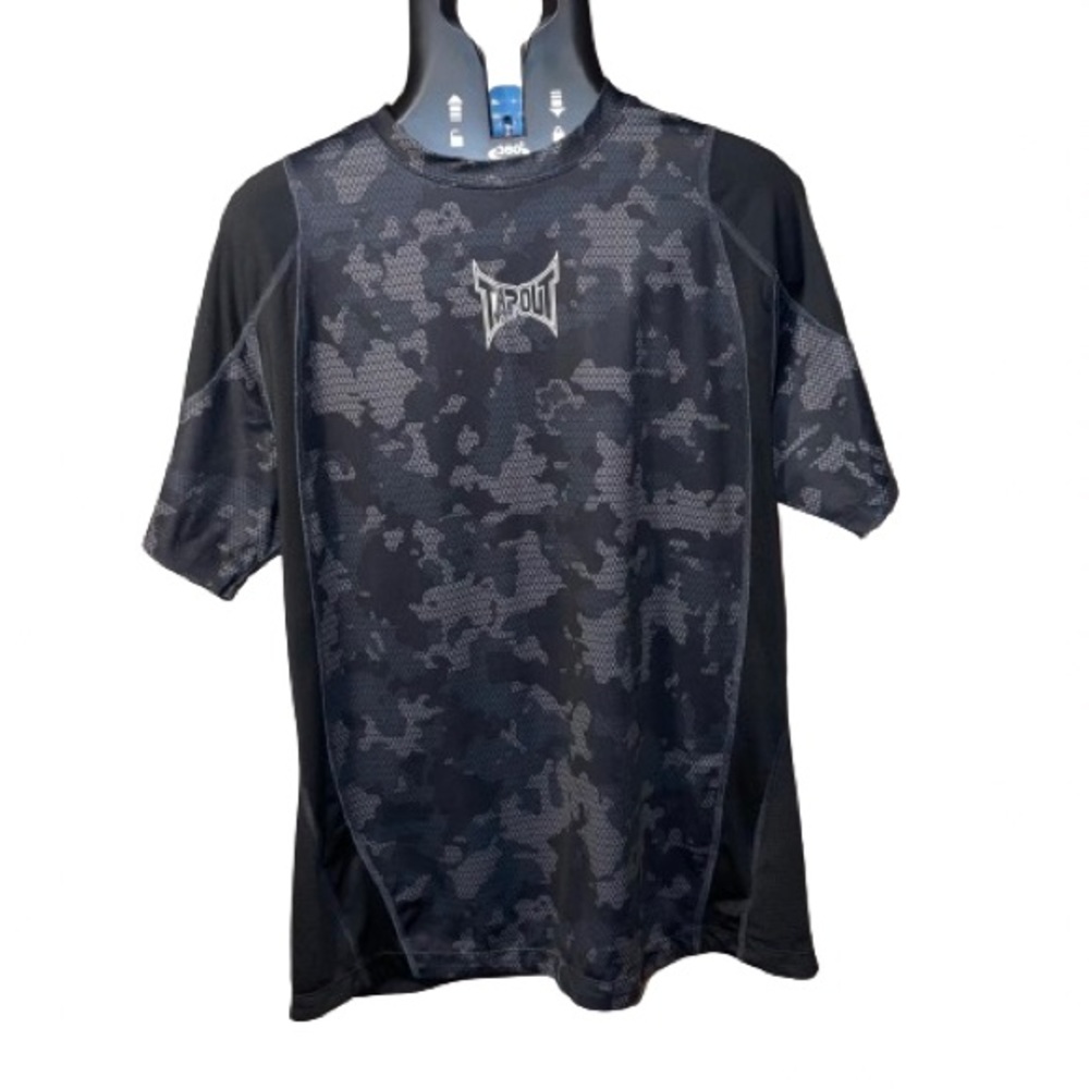 Tapout Men's Large Gym Workout Shirt Dri Fit Black Gray Camouflage Short Sleeve